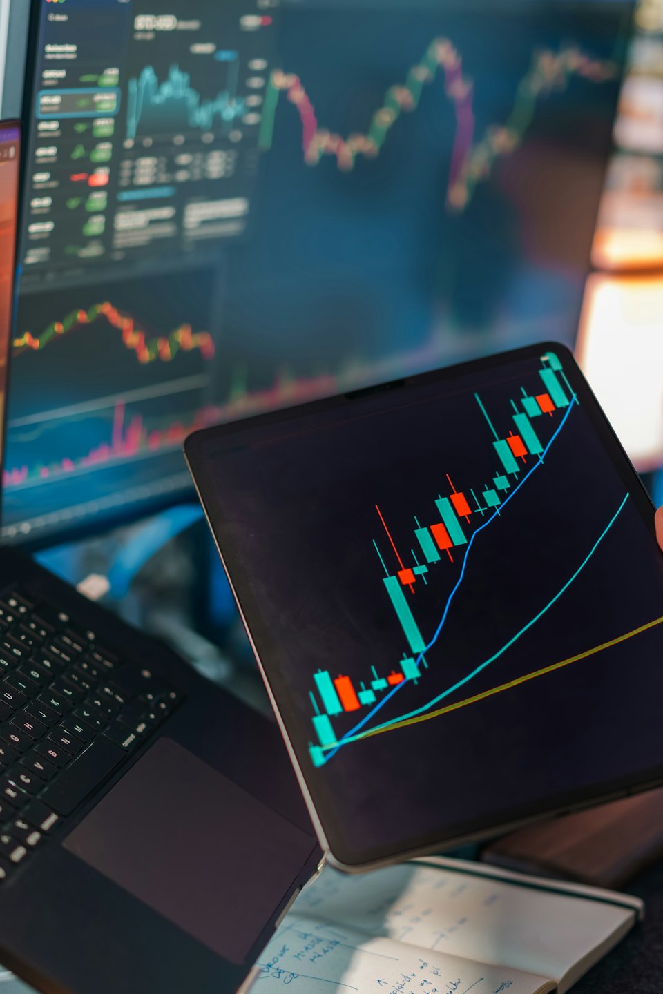Mână care ține o tabletă cu un grafic financiar deasupra unui laptop.
